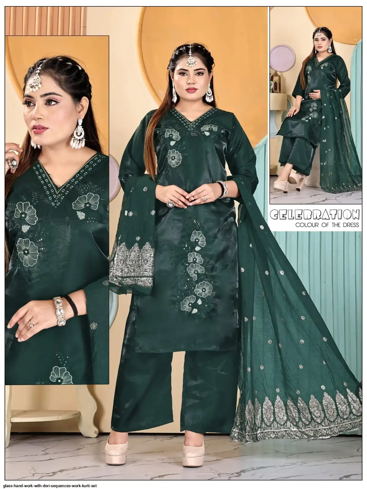 GLASS HAND WORK WITH DORI SEQUENCES WORK KURTI SET G