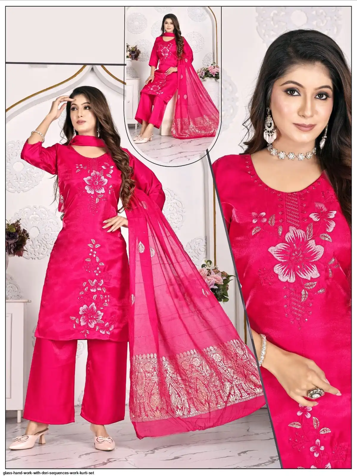 GLASS HAND WORK WITH DORI SEQUENCES WORK KURTI SET E