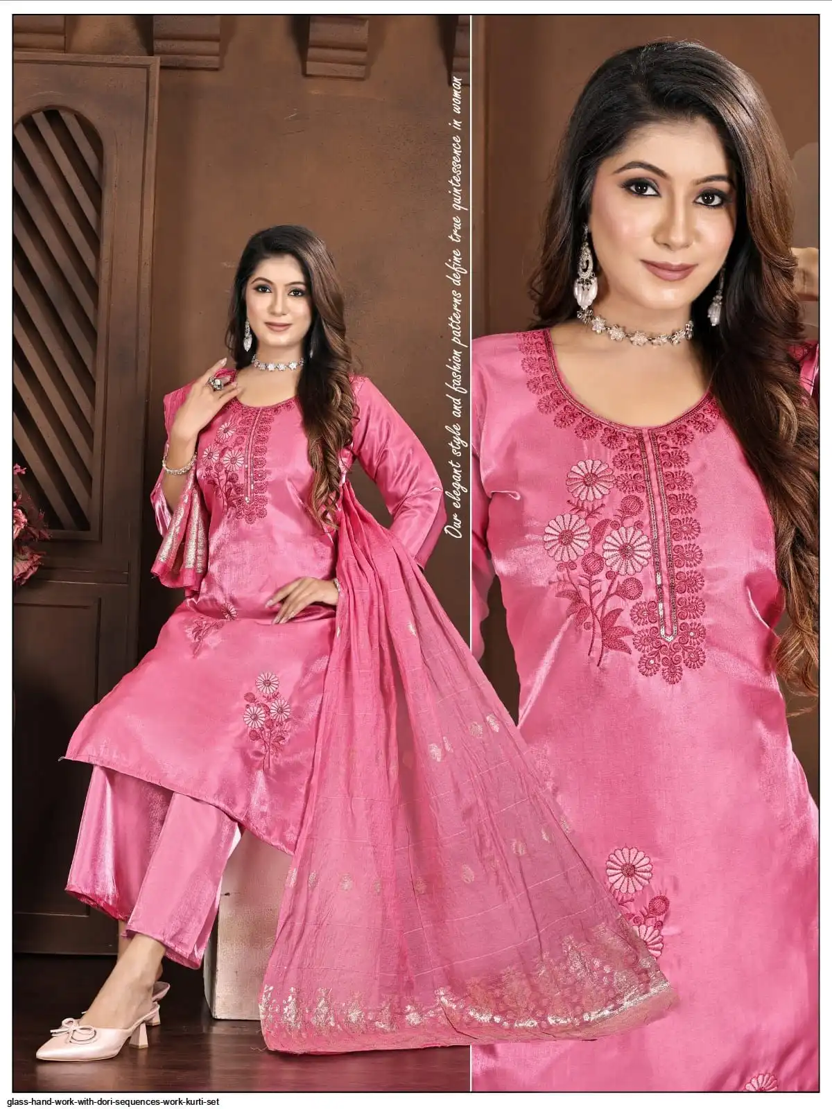 GLASS HAND WORK WITH DORI SEQUENCES WORK KURTI SET F