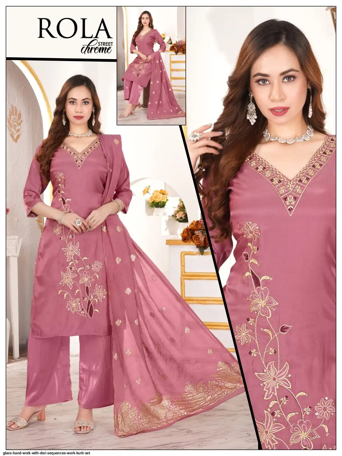 GLASS HAND WORK WITH DORI SEQUENCES WORK KURTI SET H
