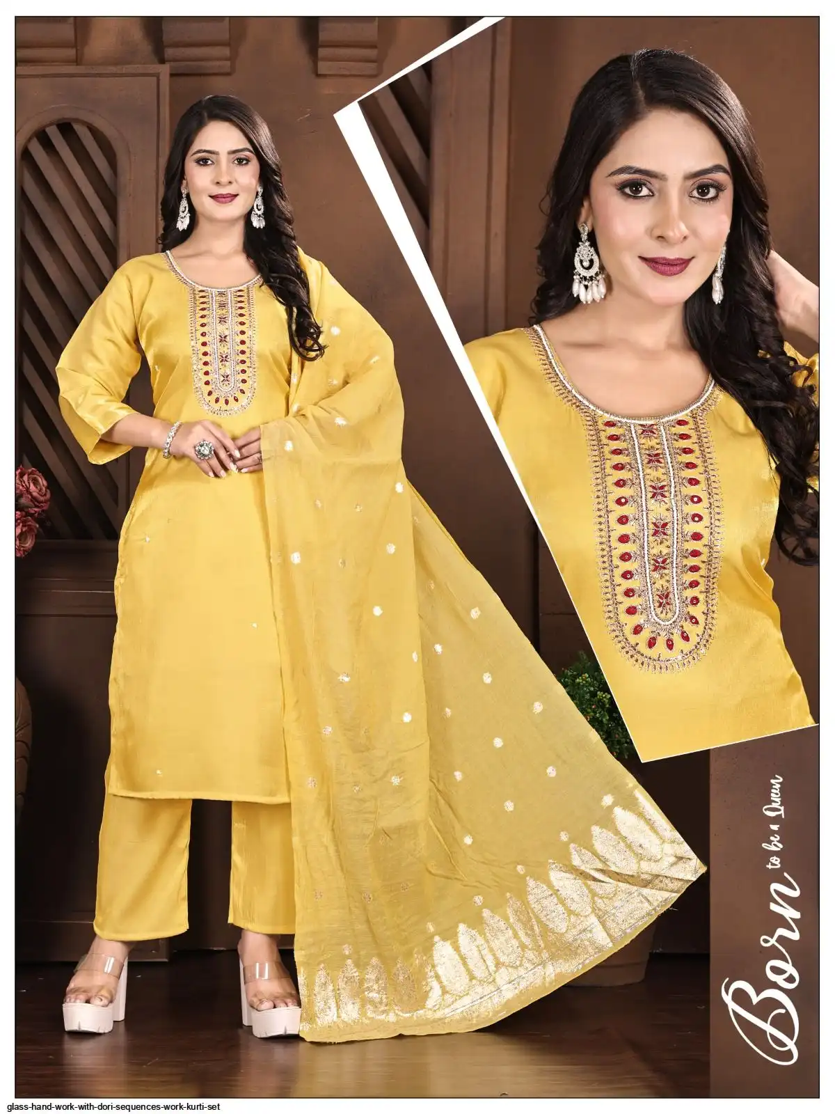 GLASS HAND WORK WITH DORI SEQUENCES WORK KURTI SET I