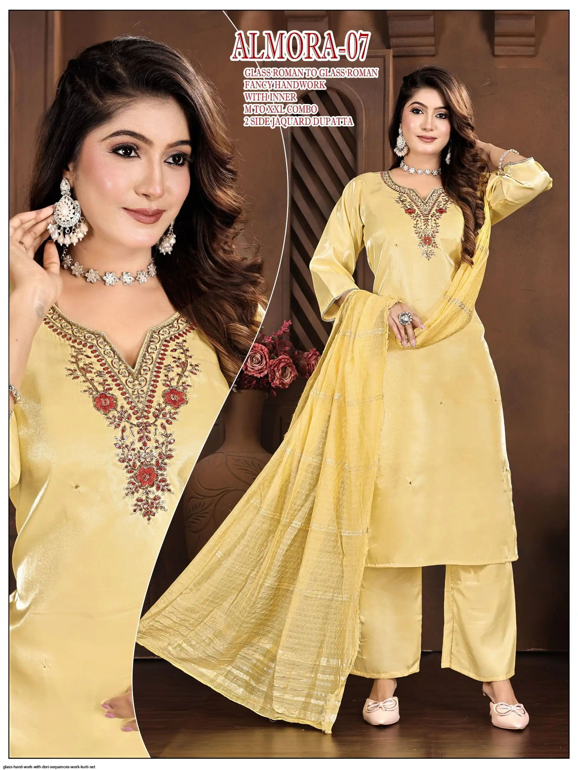GLASS HAND WORK WITH DORI SEQUENCES WORK KURTI SET J