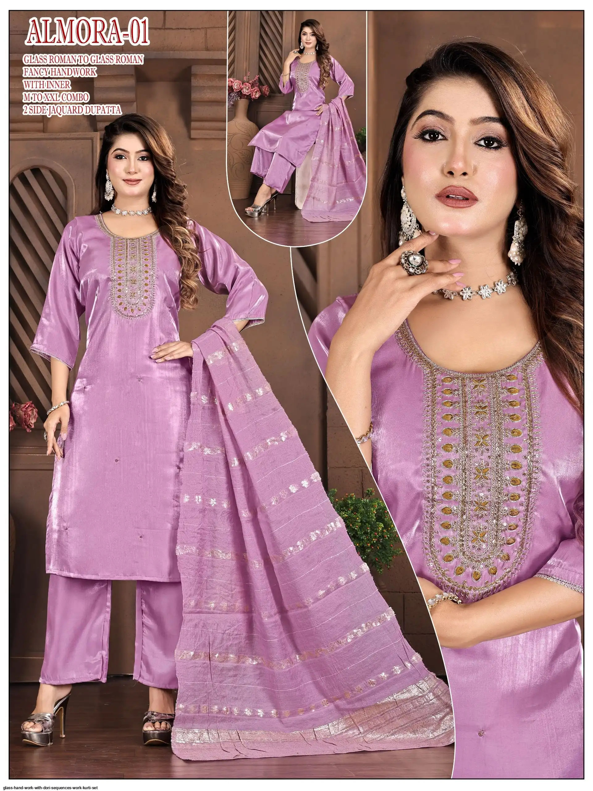 GLASS HAND WORK WITH DORI SEQUENCES WORK KURTI SET K