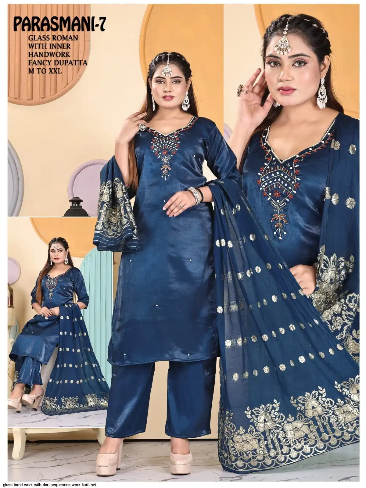 GLASS HAND WORK WITH DORI SEQUENCES WORK KURTI SET M