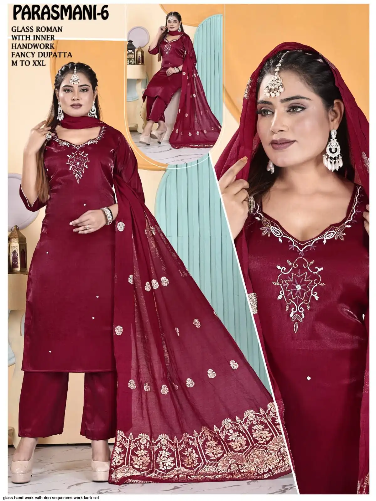GLASS HAND WORK WITH DORI SEQUENCES WORK KURTI SET L