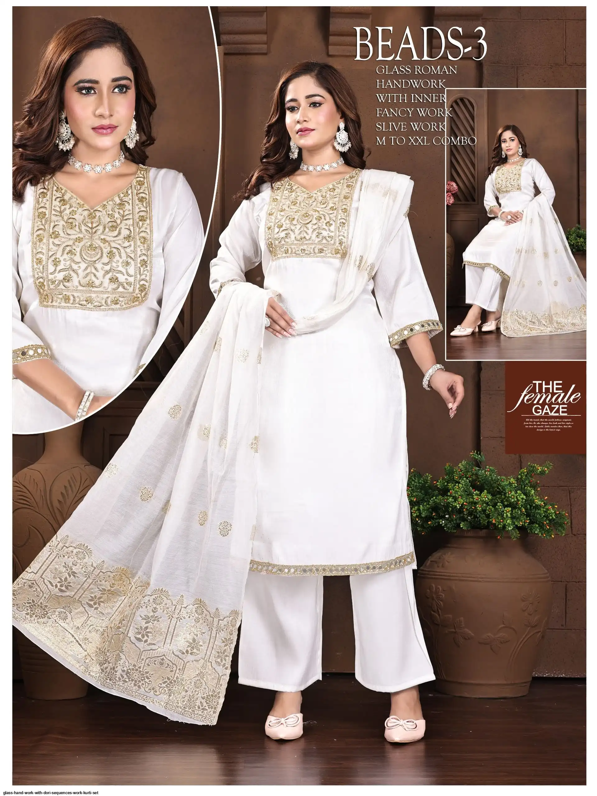 GLASS HAND WORK WITH DORI SEQUENCES WORK KURTI SET N