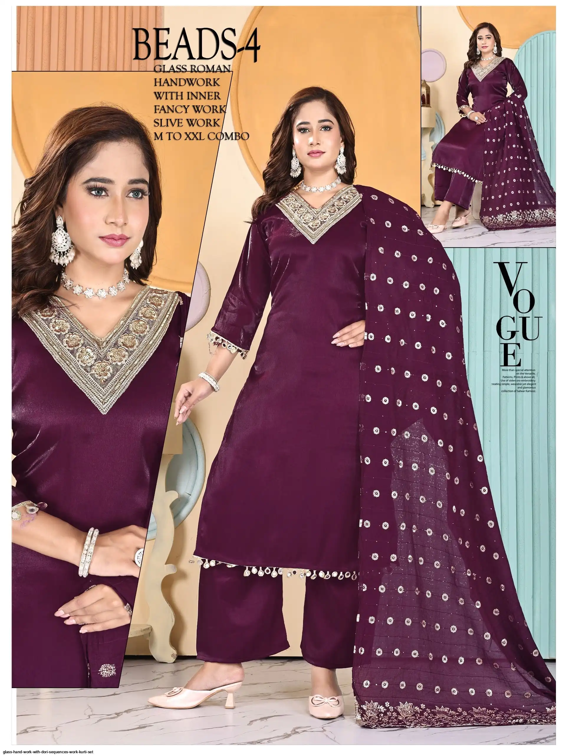 GLASS HAND WORK WITH DORI SEQUENCES WORK KURTI SET O