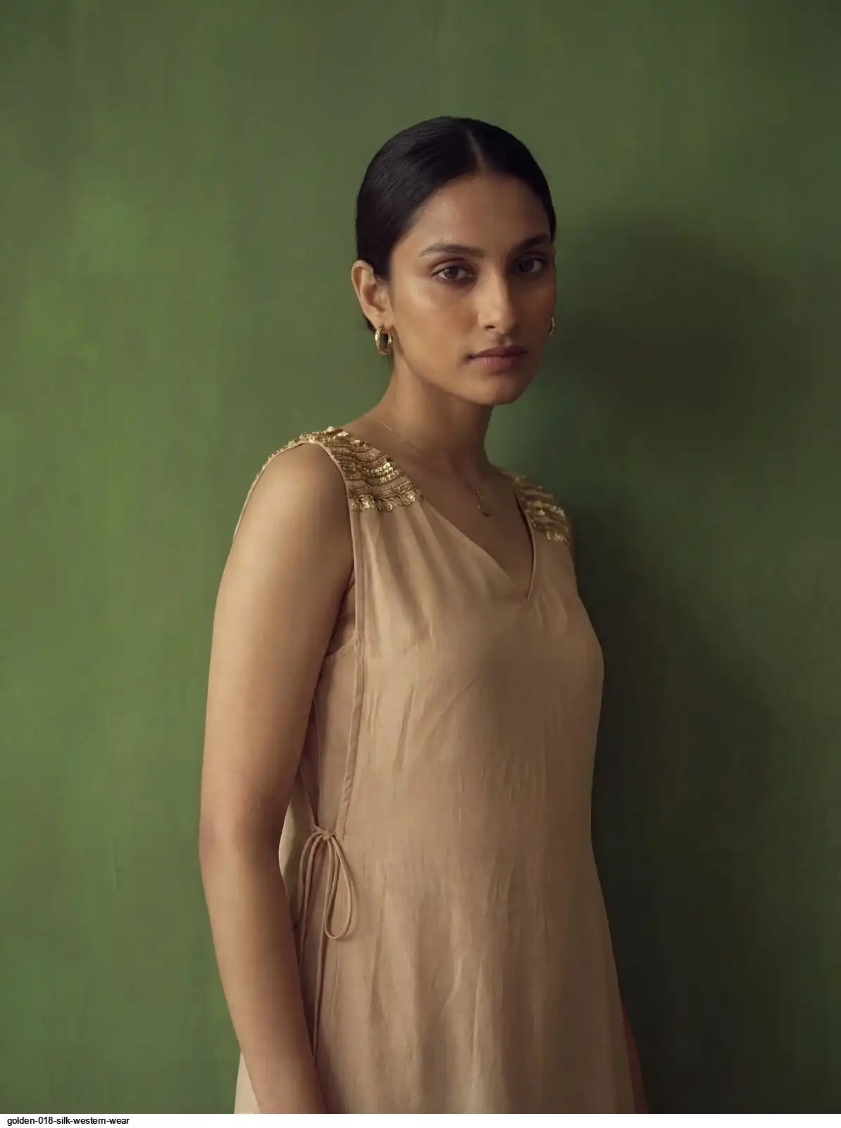 golden western dress Parul Gandhi — Molten Gold Sequinned Off Shoulder Gown XS
