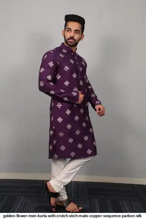 GOLDEN FLOWER MEN KURTA WITH CROTCH STICH MATE COPPER SEQUENCE PARBON SILK 4