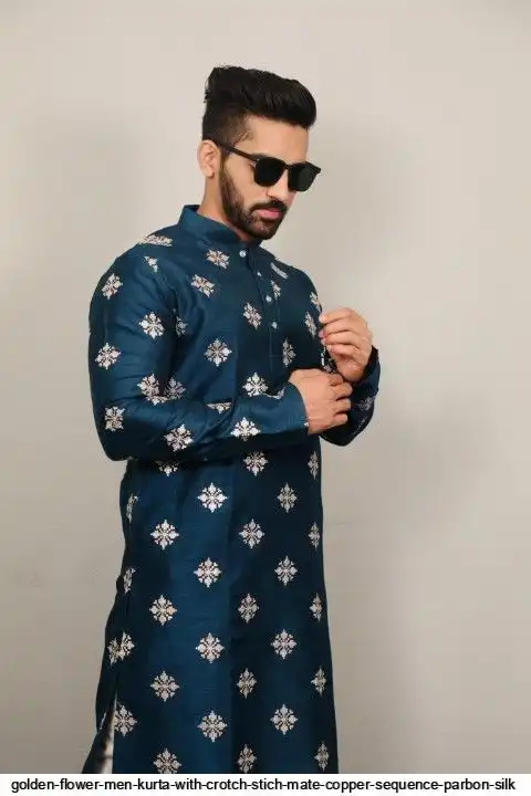 GOLDEN FLOWER MEN KURTA WITH CROTCH STICH MATE COPPER SEQUENCE PARBON SILK 6