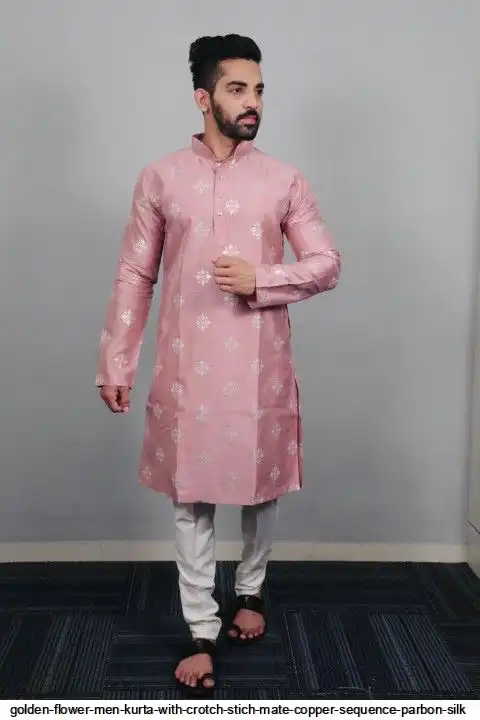 GOLDEN FLOWER MEN KURTA WITH CROTCH STICH MATE COPPER SEQUENCE PARBON SILK 1