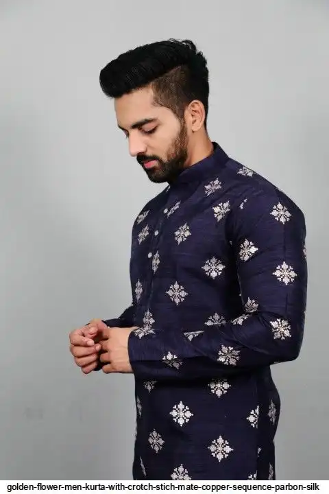 GOLDEN FLOWER MEN KURTA WITH CROTCH STICH MATE COPPER SEQUENCE PARBON SILK 5