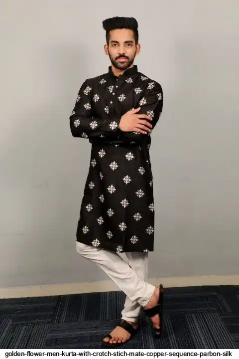 GOLDEN FLOWER MEN KURTA WITH CROTCH STICH MATE COPPER SEQUENCE PARBON SILK 3