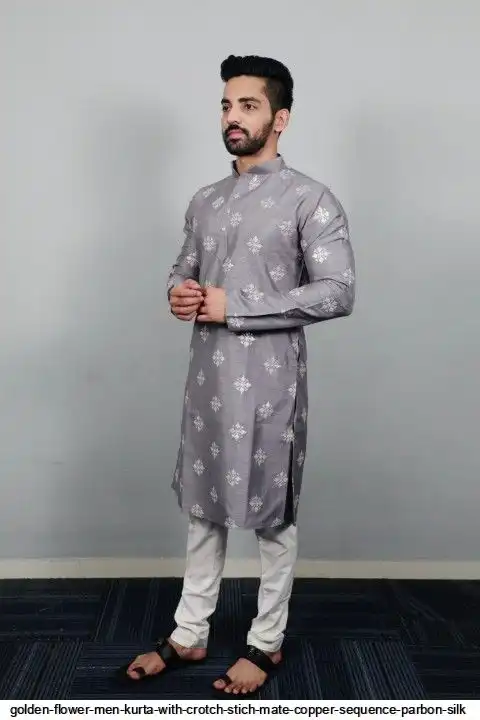GOLDEN FLOWER MEN KURTA WITH CROTCH STICH MATE COPPER SEQUENCE PARBON SILK 8