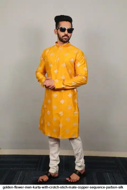 GOLDEN FLOWER MEN KURTA WITH CROTCH STICH MATE COPPER SEQUENCE PARBON SILK 2