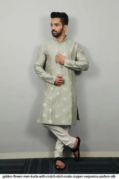 GOLDEN FLOWER MEN KURTA WITH CROTCH STICH MATE COPPER SEQUENCE PARBON SILK 7