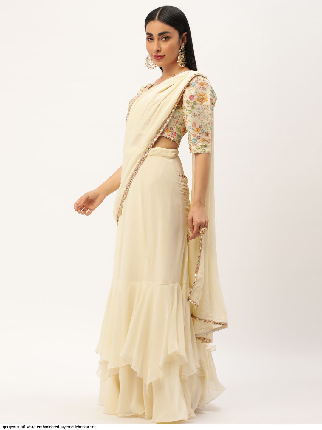 GORGEOUS Off White Embroidered Layered Lehenga Set