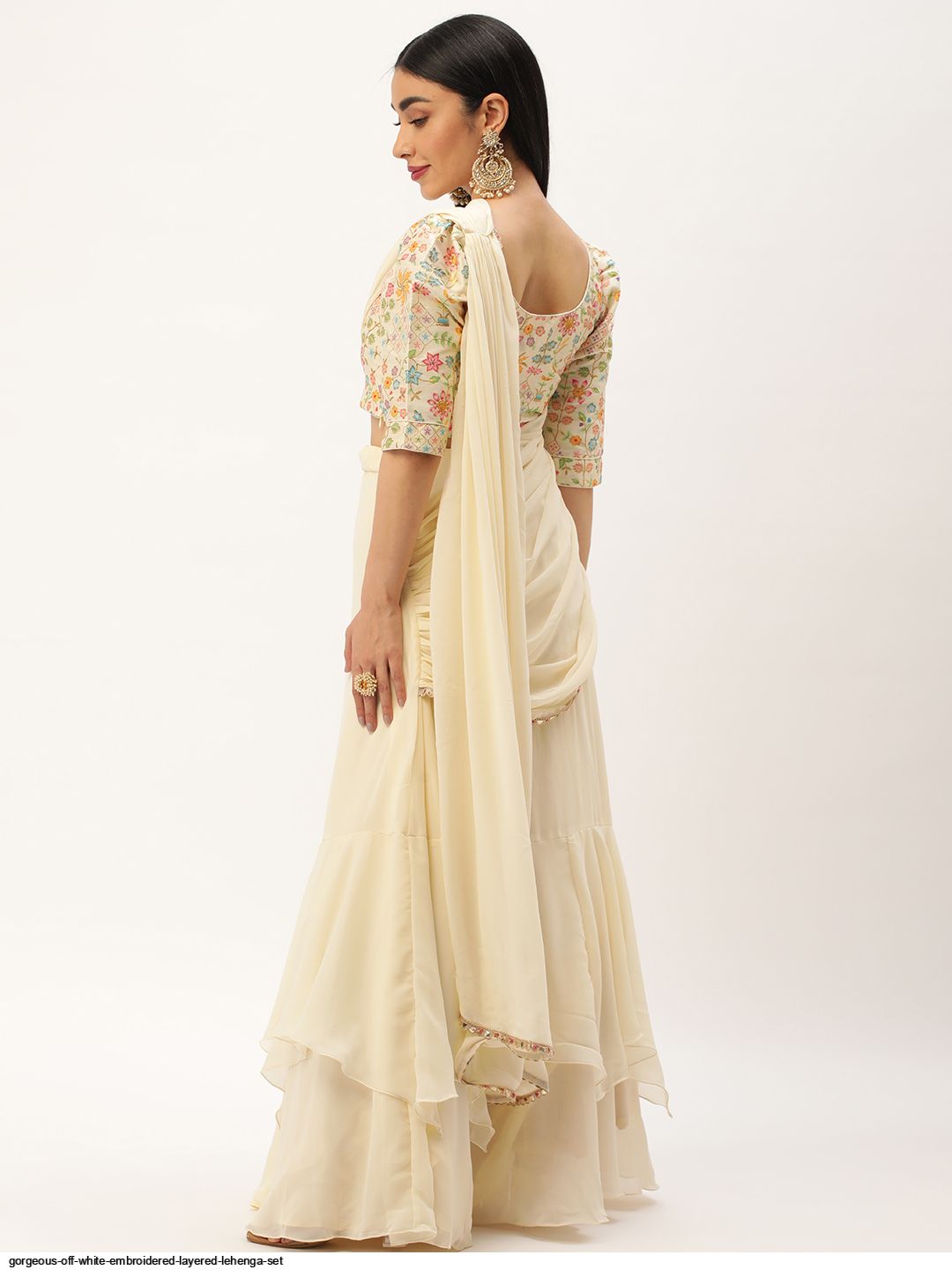 GORGEOUS Off White Embroidered Layered Lehenga Set