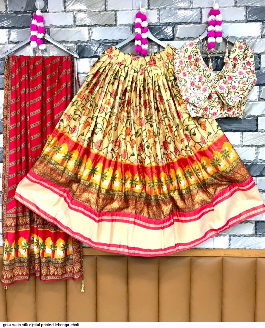 Indian Gota Silk Lehenga Choli With Floral Digital Print Work and