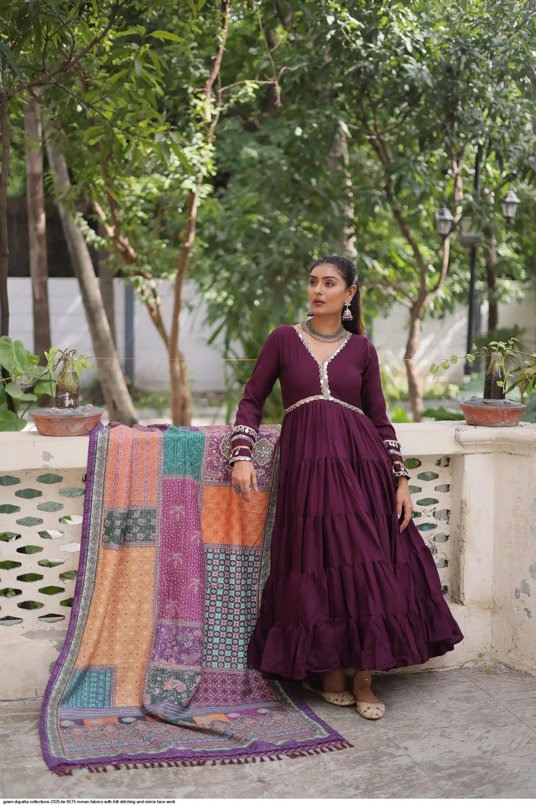 GOWN DUPATTA COLLECTIONS 2025 LW 9275 ROMAN FABRICS WITH FRILL STITCHING AND MIRROR LACE WORK 1