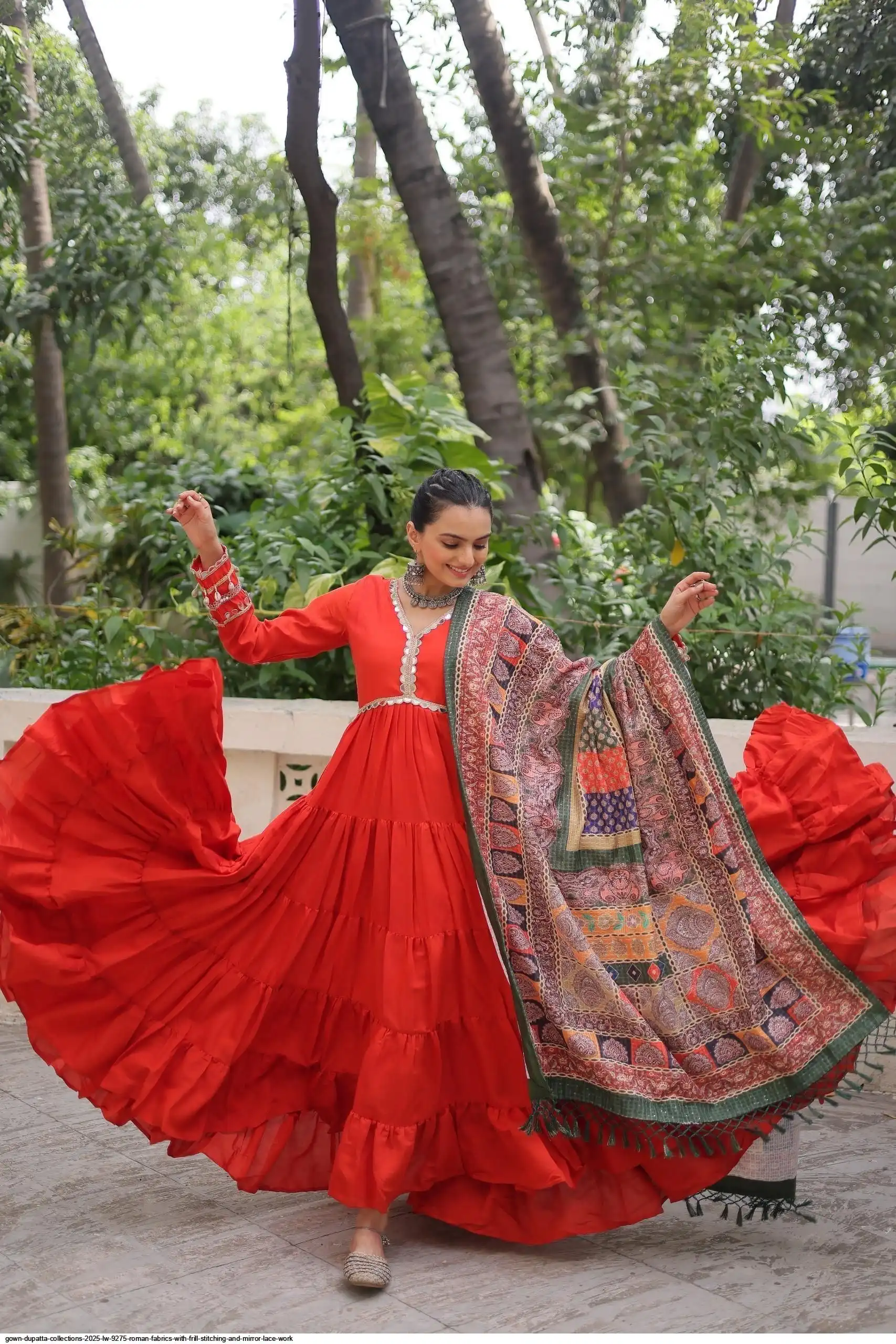 GOWN DUPATTA COLLECTIONS 2025 LW 9275 ROMAN FABRICS WITH FRILL STITCHING AND MIRROR LACE WORK 2