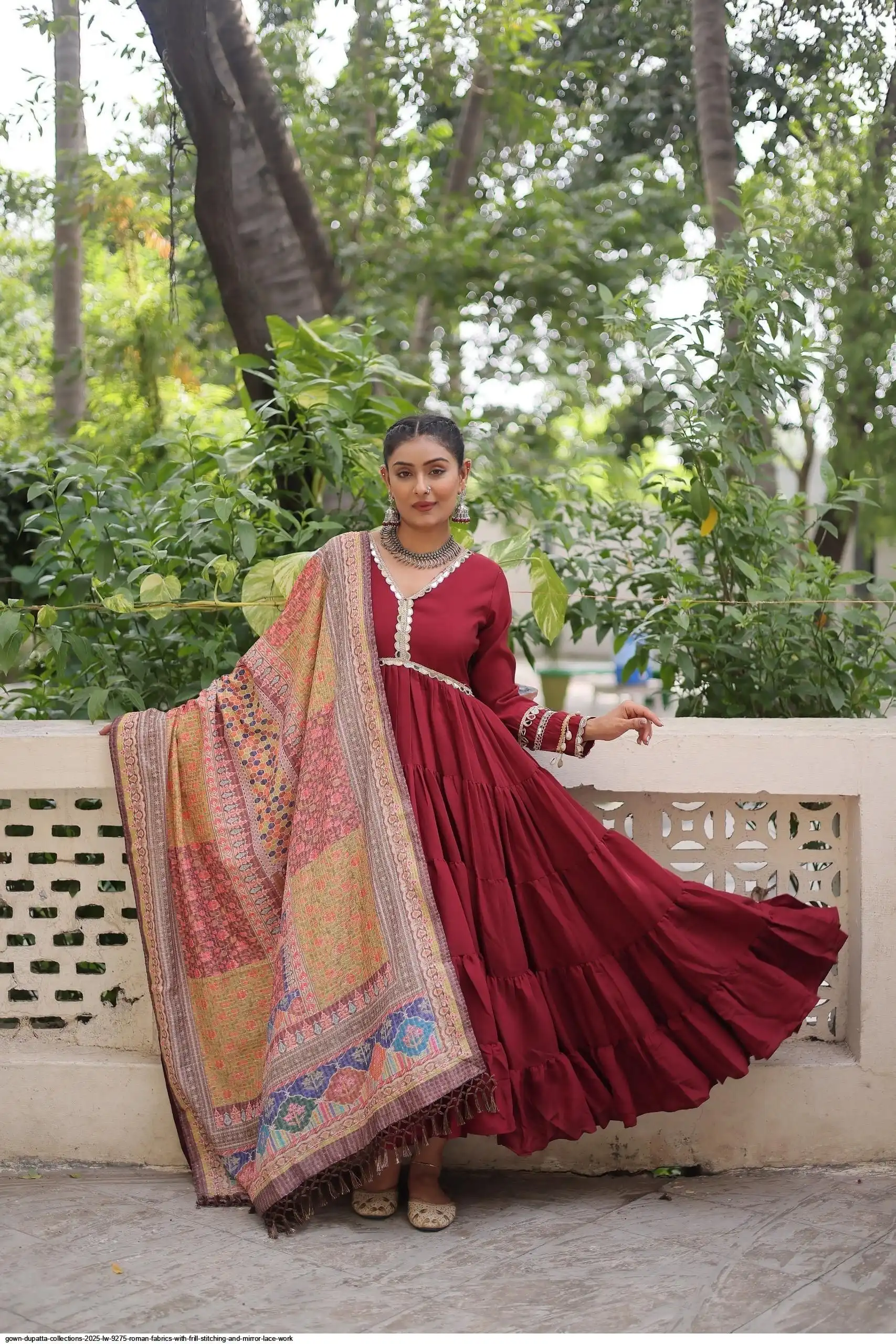 GOWN DUPATTA COLLECTIONS 2025 LW 9275 ROMAN FABRICS WITH FRILL STITCHING AND MIRROR LACE WORK 3