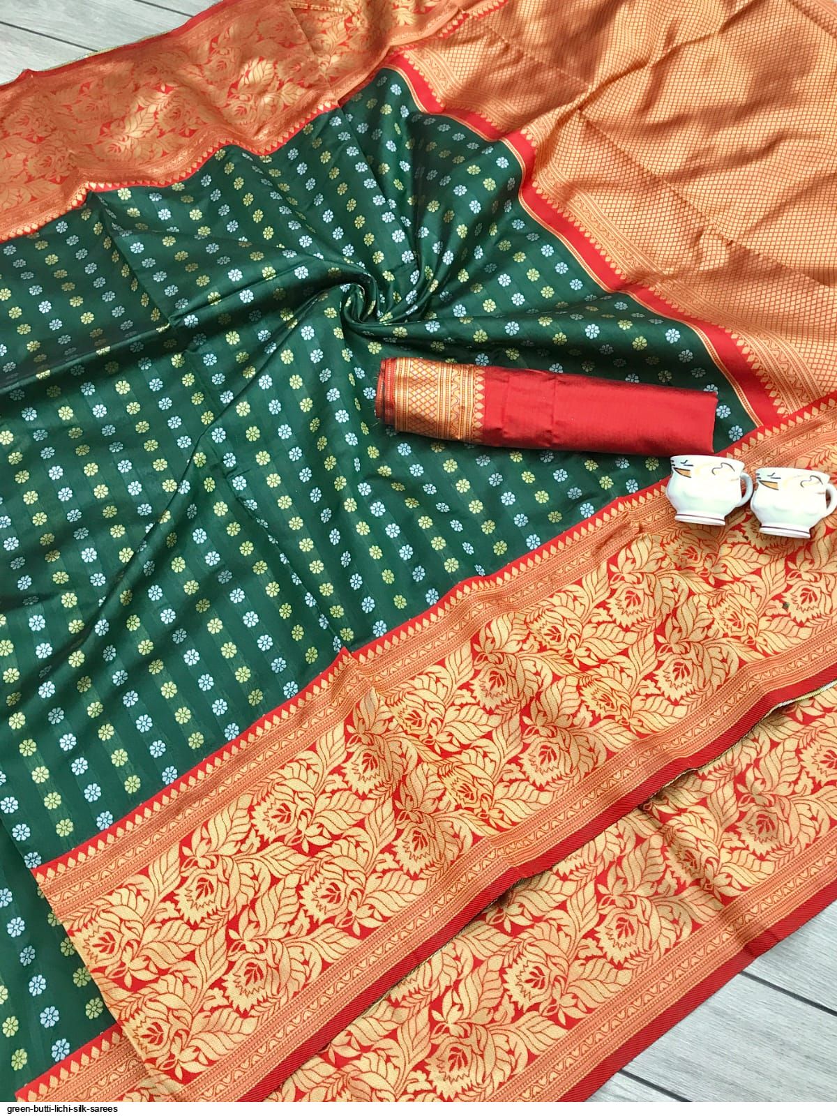 GREEN BUTTI LICHI SILK SAREES