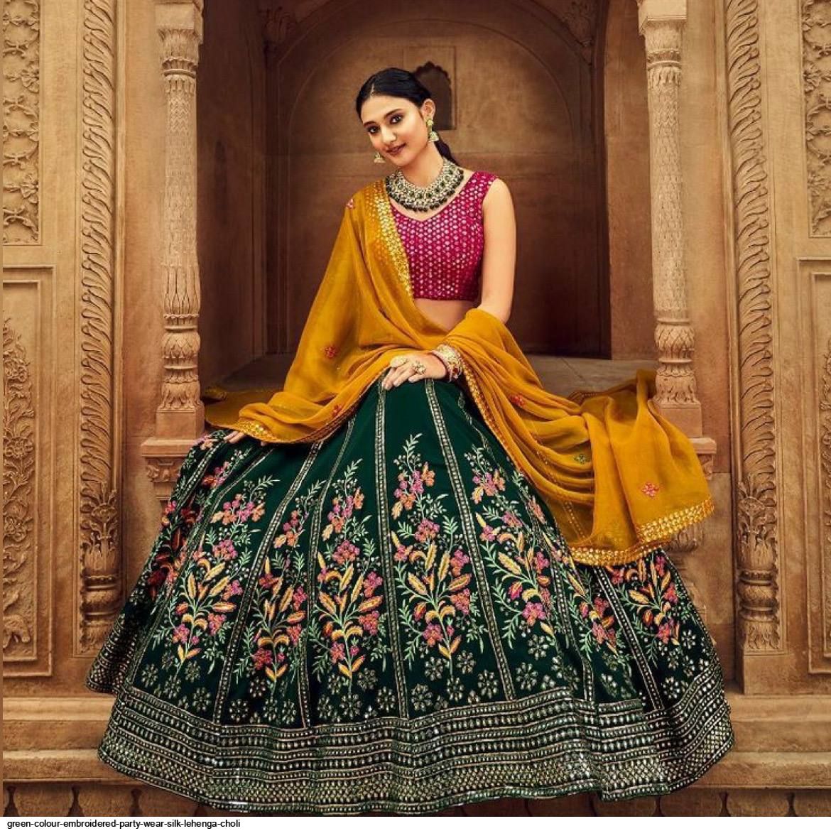 Green Color Jacquard Silk Wedding Wear Lehenga Choli – Gunj Fashion