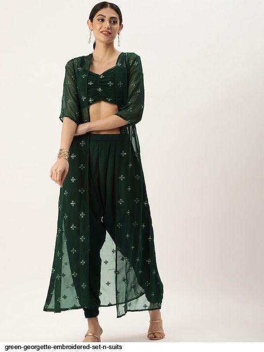 GREEN GEORGETTE EMBROIDERED SET N SUITS