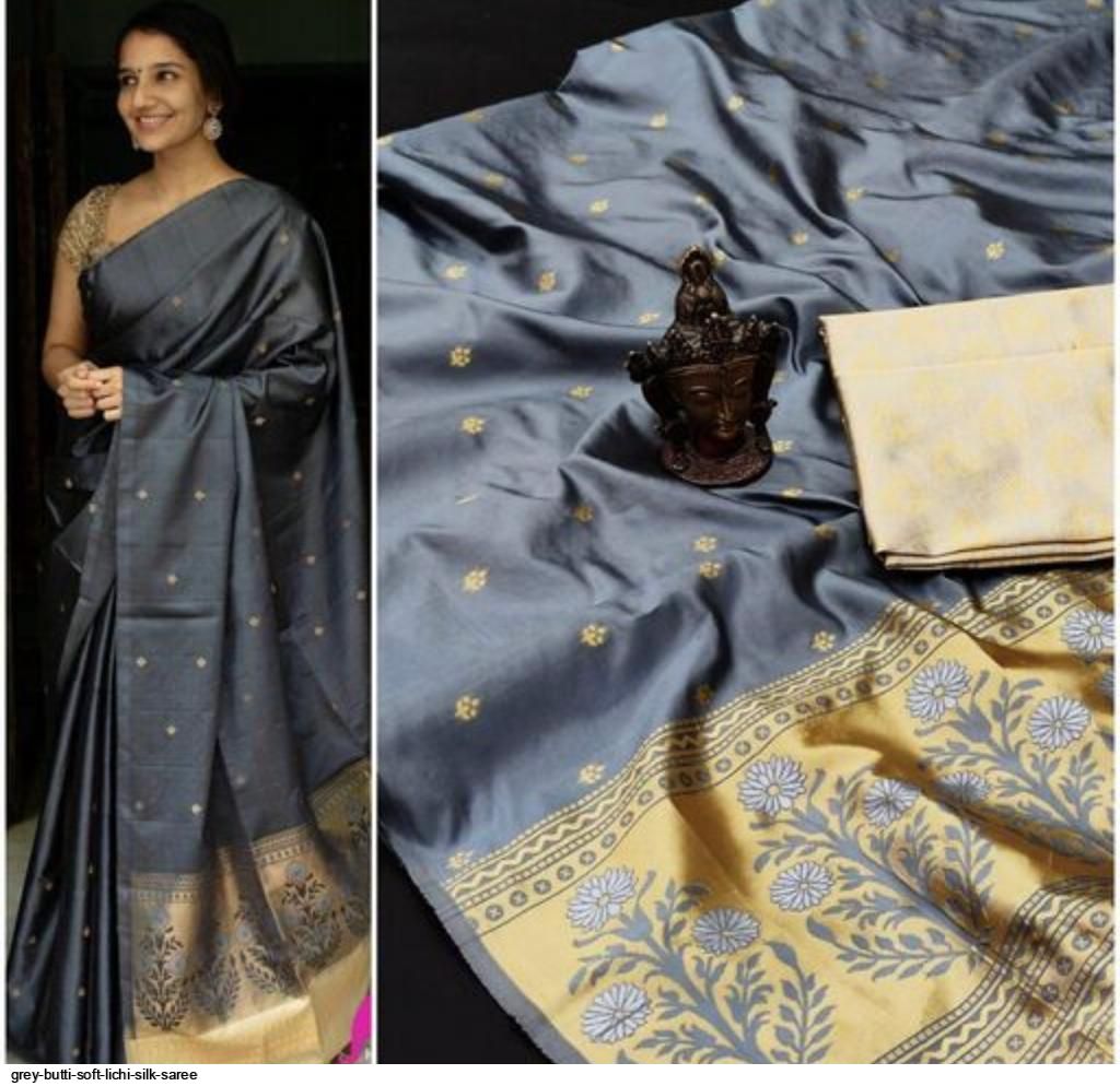 GREY BUTTI SOFT LICHI SILK SAREE