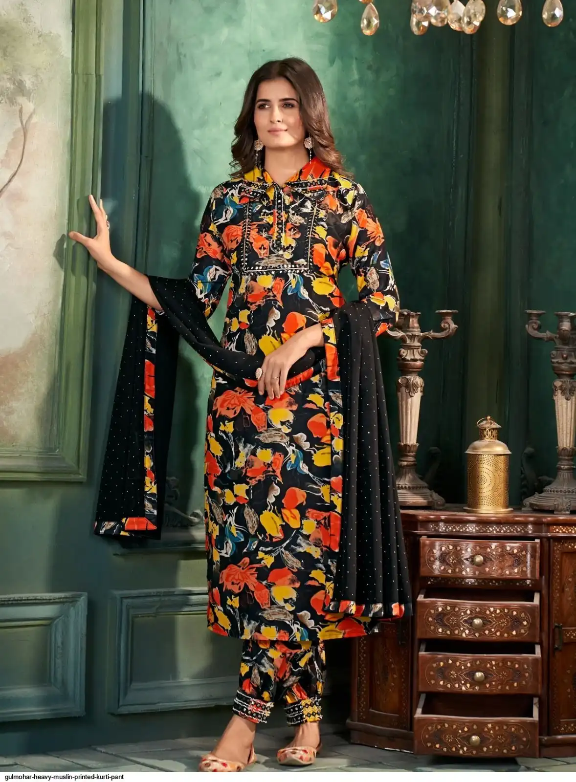 GULMOHAR HEAVY MUSLIN PRINTED KURTI PANT