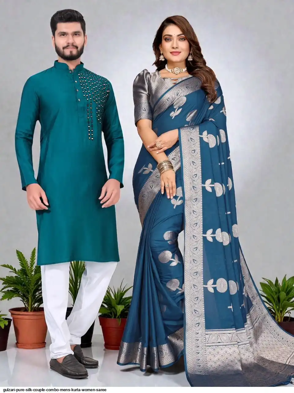GULZARI PURE SILK COUPLE COMBO MENS KURTA WOMEN SAREE A