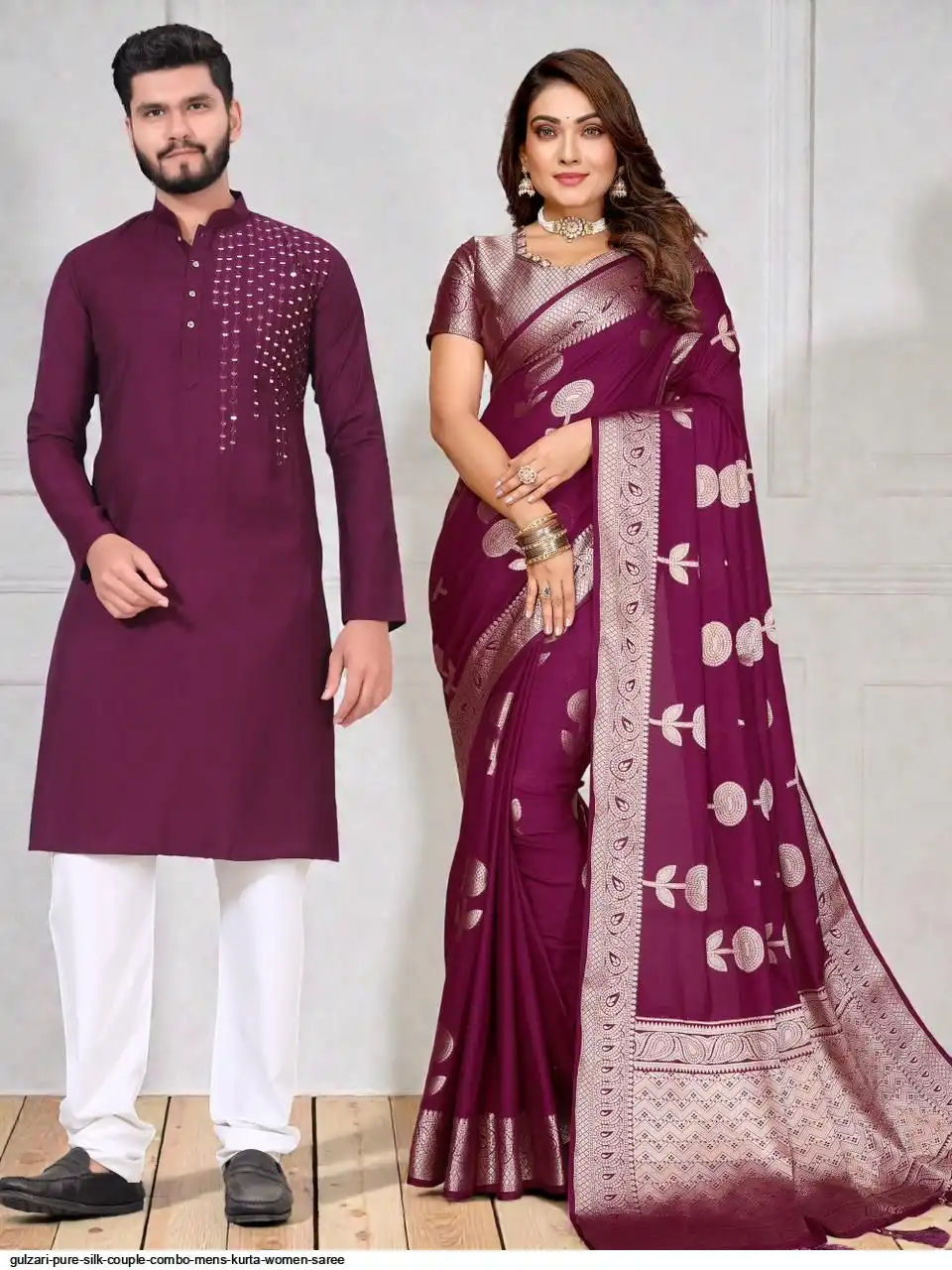GULZARI PURE SILK COUPLE COMBO MENS KURTA WOMEN SAREE C