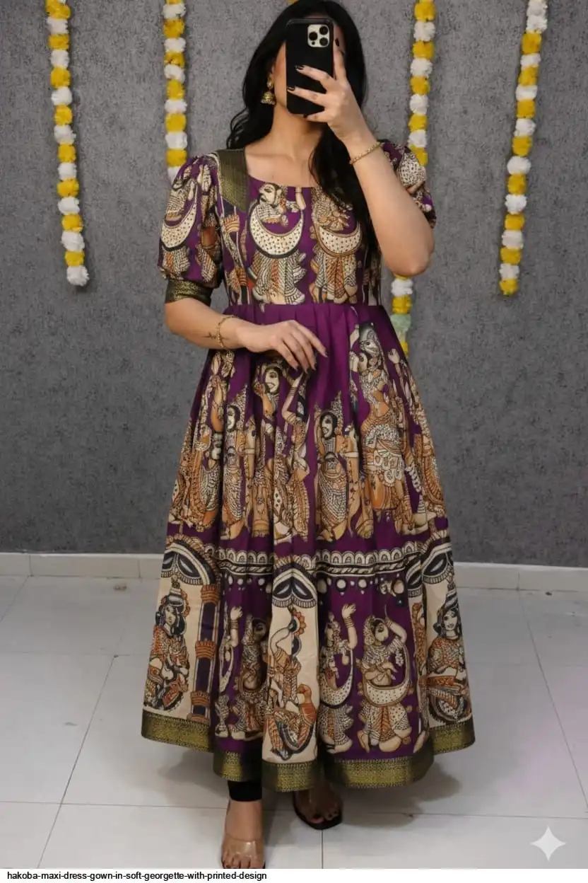 HAKOBA MAXI DRESS GOWN IN SOFT GEORGETTE WITH PRINTED DESIGN E