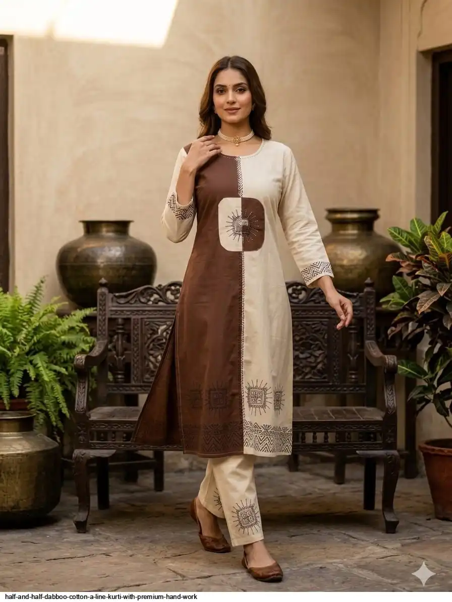 HALF AND HALF DABBOO COTTON A LINE KURTI WITH PREMIUM HAND WORK B