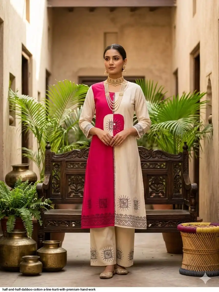 HALF AND HALF DABBOO COTTON A LINE KURTI WITH PREMIUM HAND WORK C