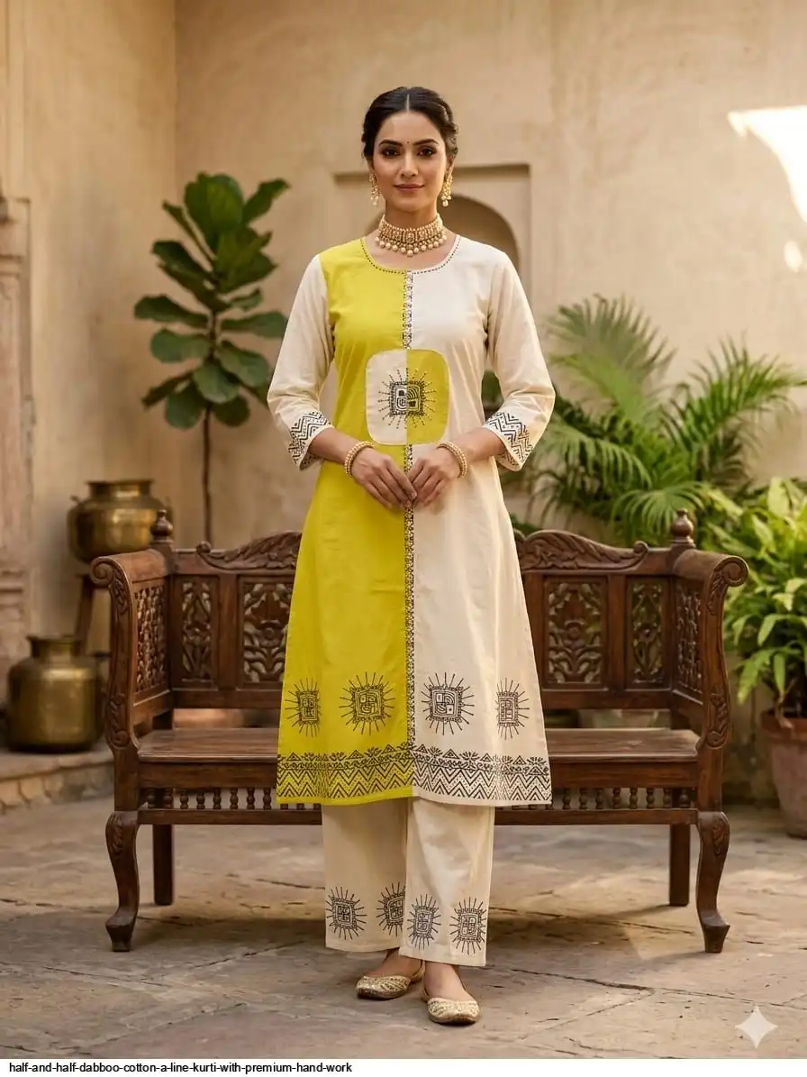 HALF AND HALF DABBOO COTTON A LINE KURTI WITH PREMIUM HAND WORK D