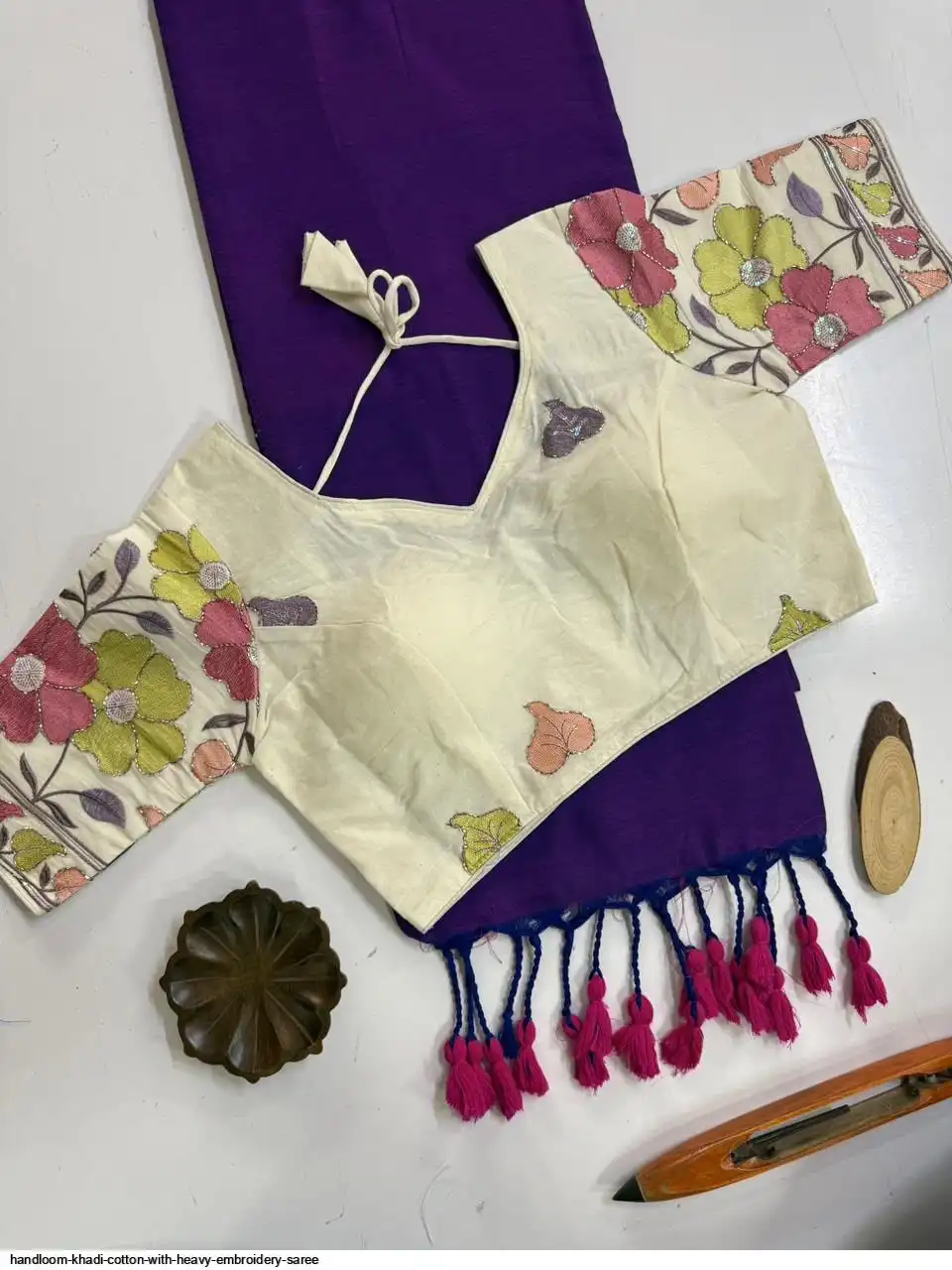 HANDLOOM KHADI COTTON WITH HEAVY EMBROIDERY SAREE 10