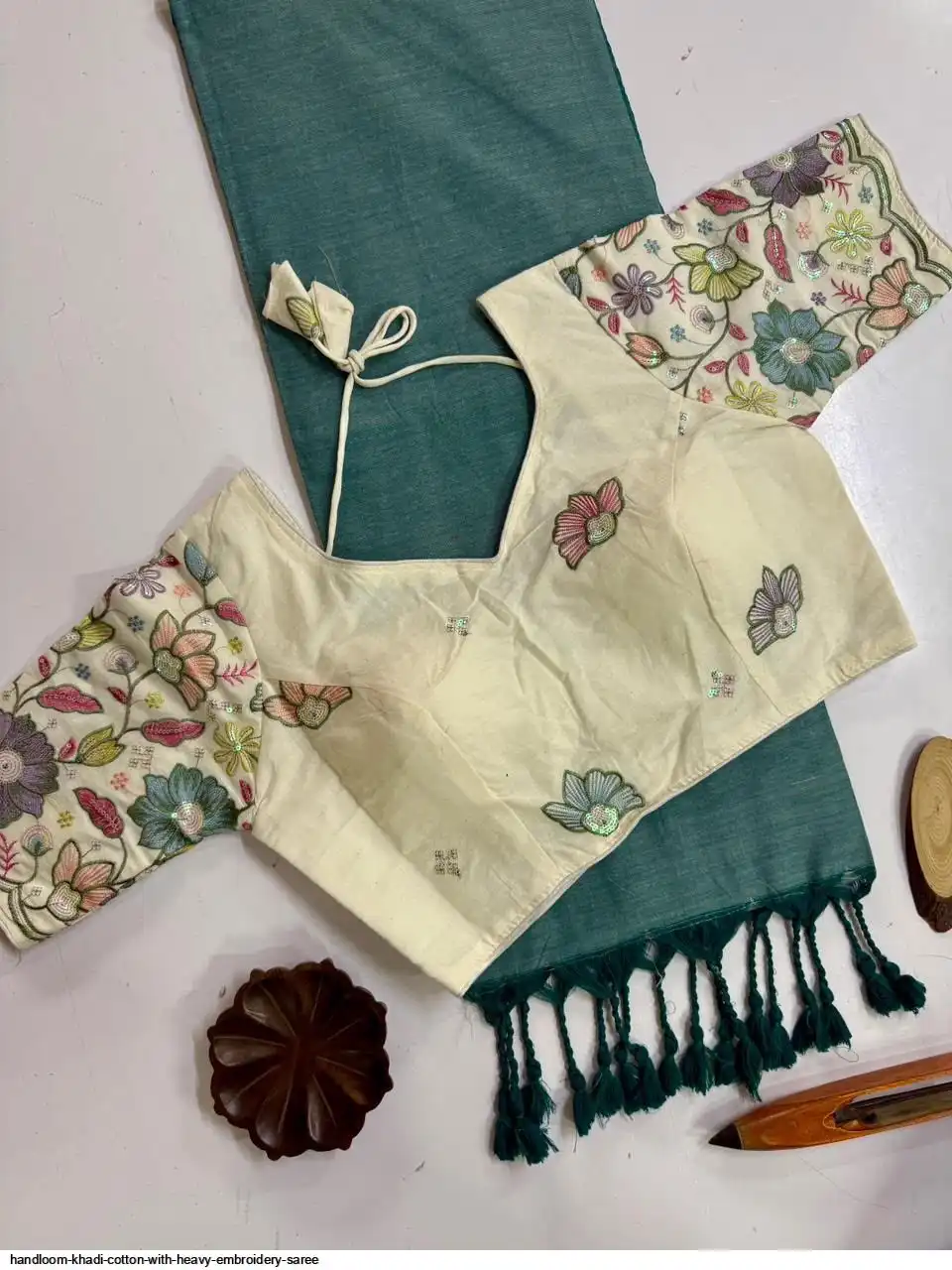 HANDLOOM KHADI COTTON WITH HEAVY EMBROIDERY SAREE 6