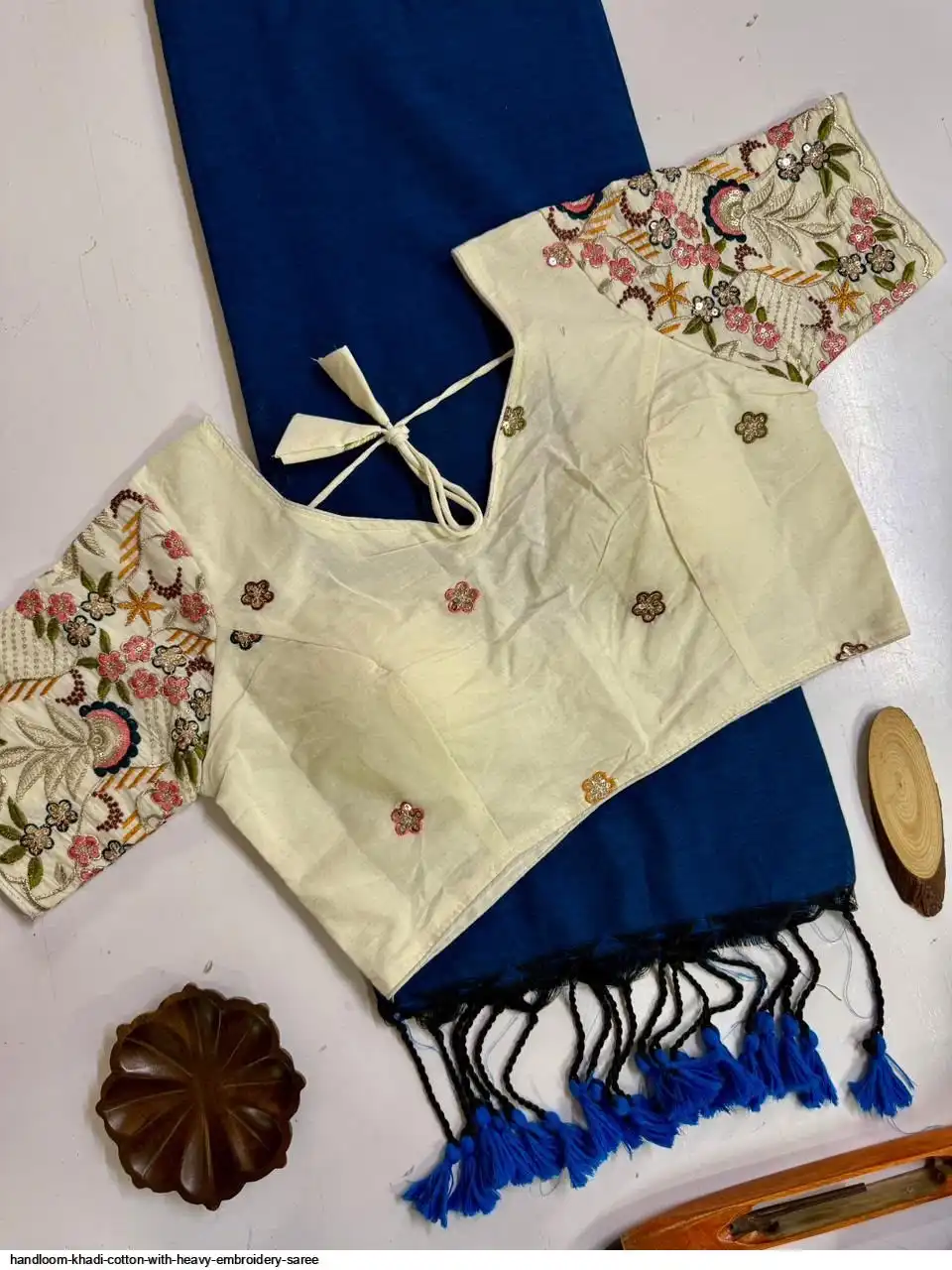 HANDLOOM KHADI COTTON WITH HEAVY EMBROIDERY SAREE 3
