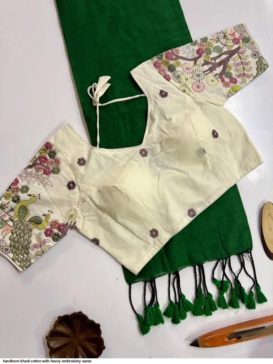 HANDLOOM KHADI COTTON WITH HEAVY EMBROIDERY SAREE 7