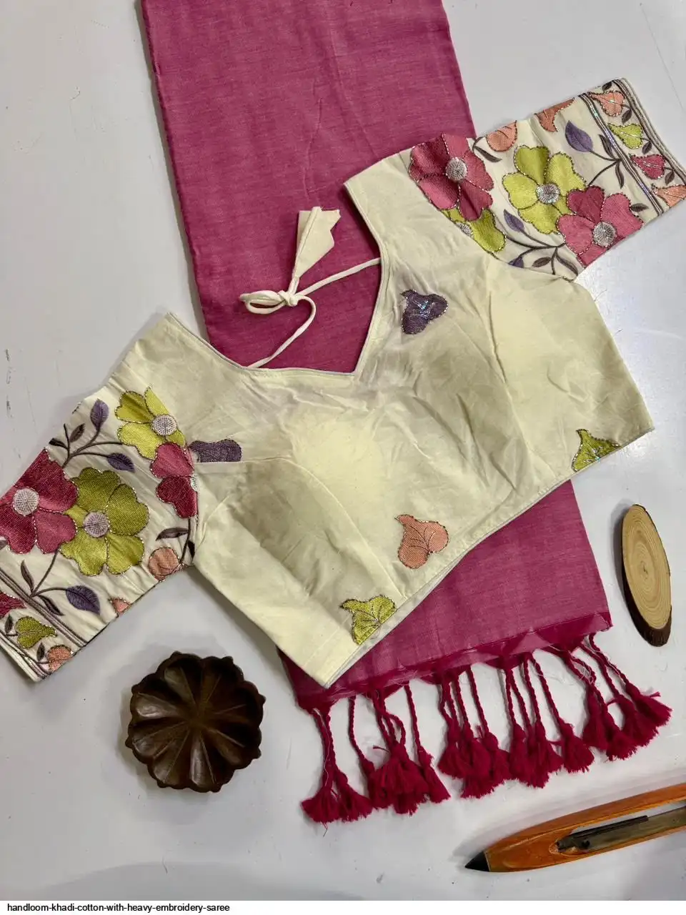 HANDLOOM KHADI COTTON WITH HEAVY EMBROIDERY SAREE 2