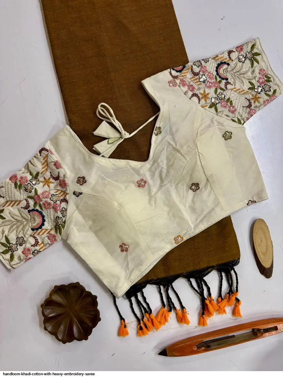 HANDLOOM KHADI COTTON WITH HEAVY EMBROIDERY SAREE 1