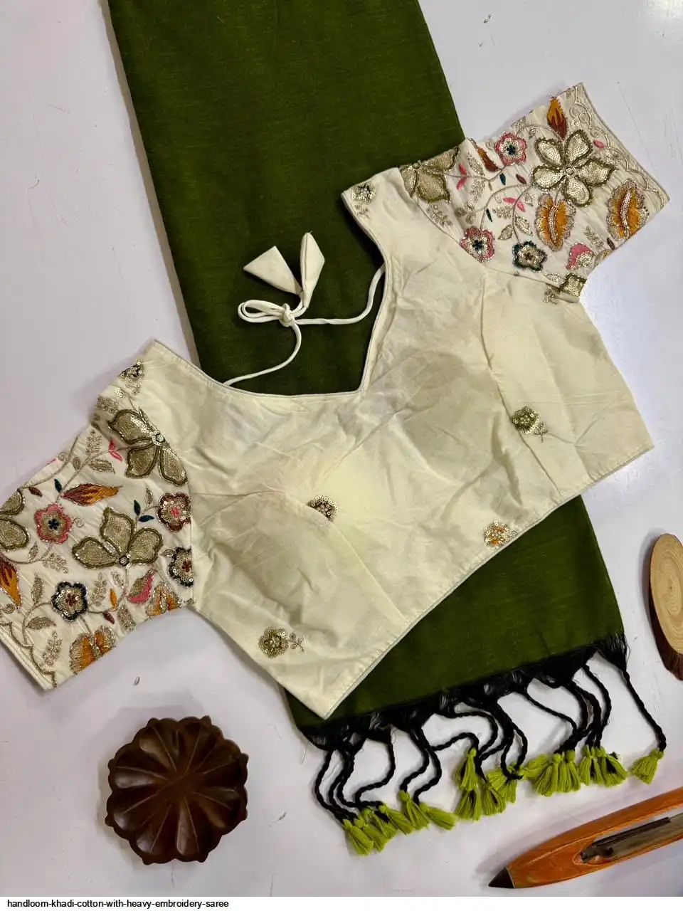 HANDLOOM KHADI COTTON WITH HEAVY EMBROIDERY SAREE 4