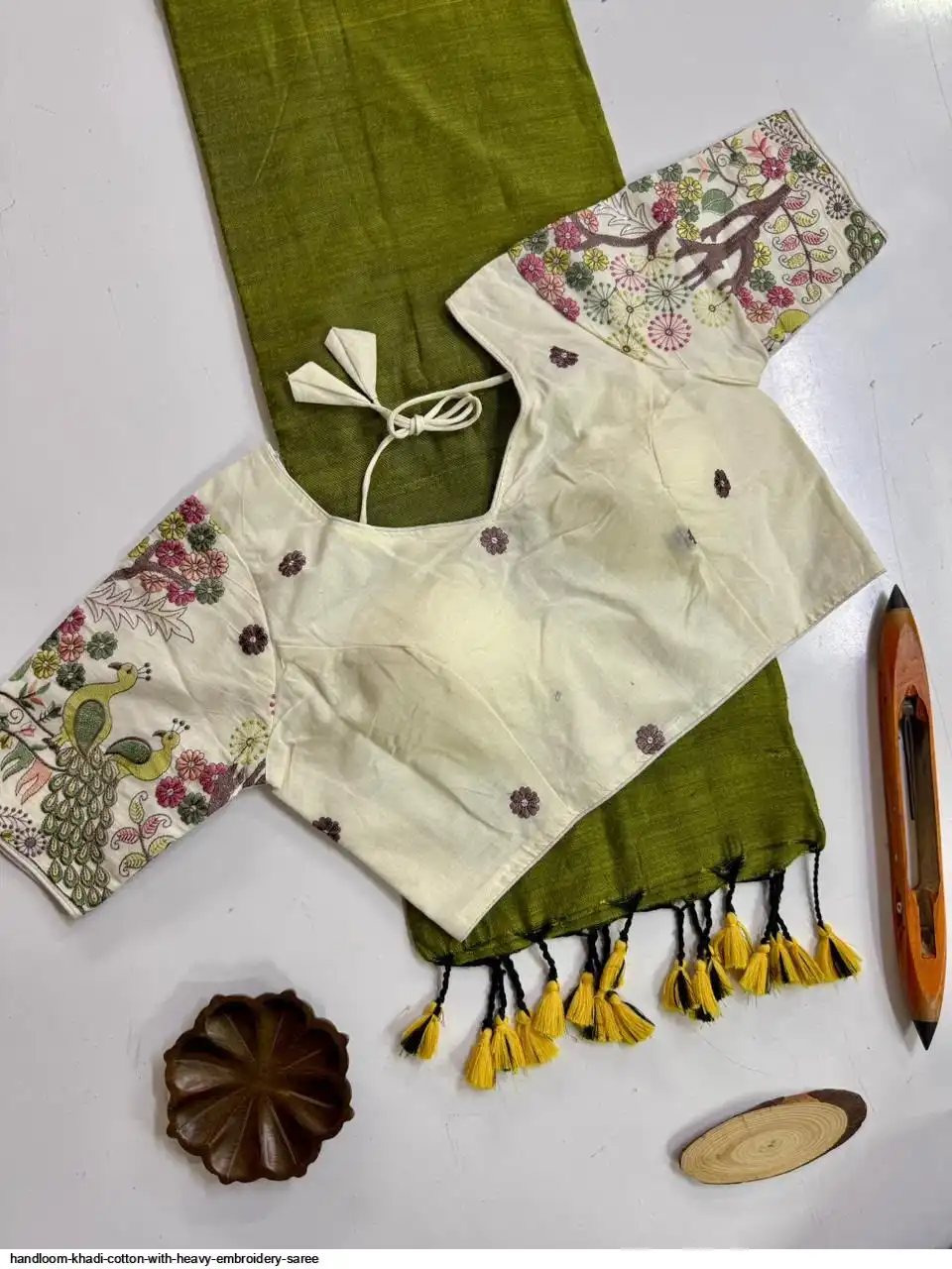 HANDLOOM KHADI COTTON WITH HEAVY EMBROIDERY SAREE 5