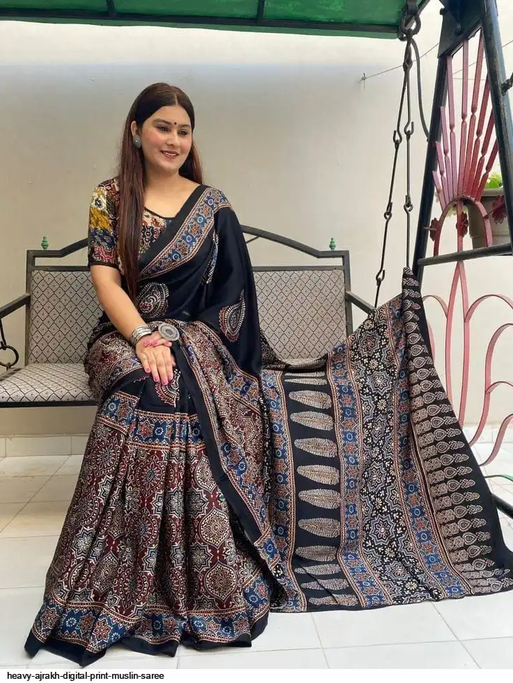 HEAVY AJRAKH DIGITAL PRINT MUSLIN SAREE 11