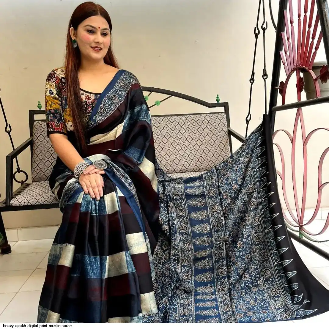 HEAVY AJRAKH DIGITAL PRINT MUSLIN SAREE 3
