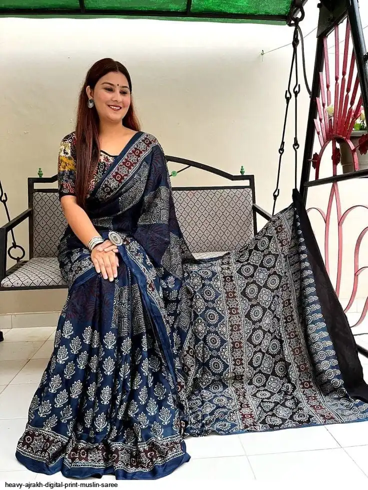 HEAVY AJRAKH DIGITAL PRINT MUSLIN SAREE 4