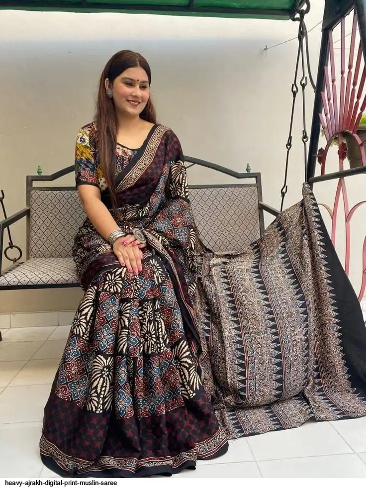 HEAVY AJRAKH DIGITAL PRINT MUSLIN SAREE 7