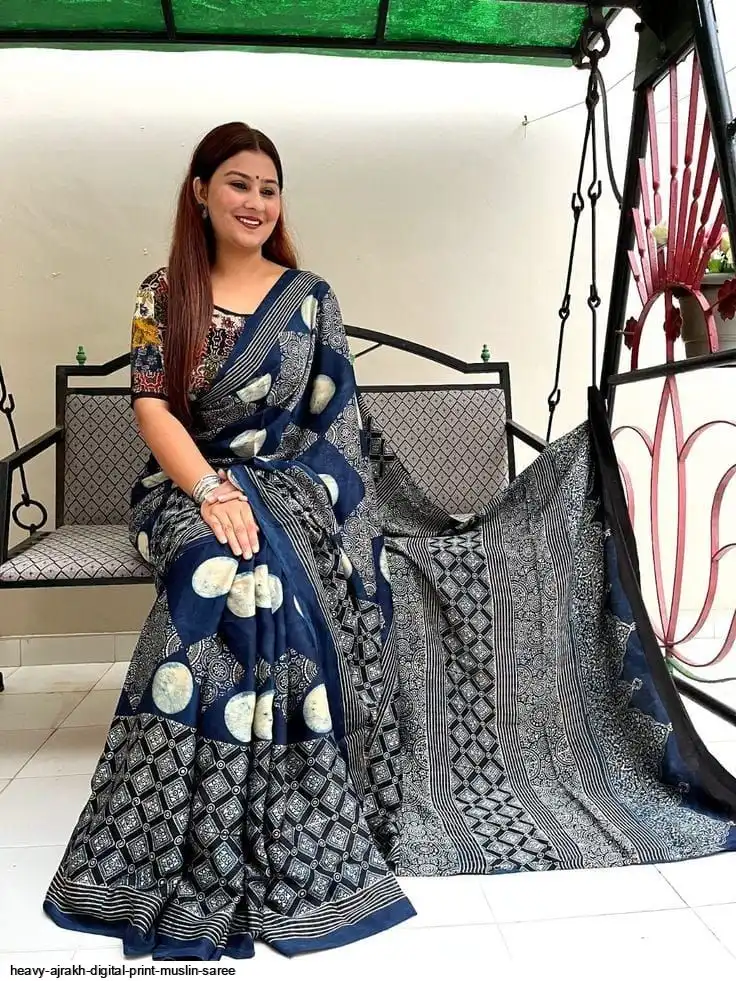 HEAVY AJRAKH DIGITAL PRINT MUSLIN SAREE 8
